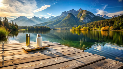 An idyllic lakeside setting with a product placed on a weathered dock, surrounded by water and mountains, perfect for advertising  photo