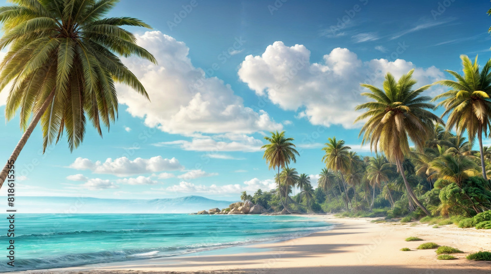 Beautiful palm trees on a sandy beach with a clear blue sky.