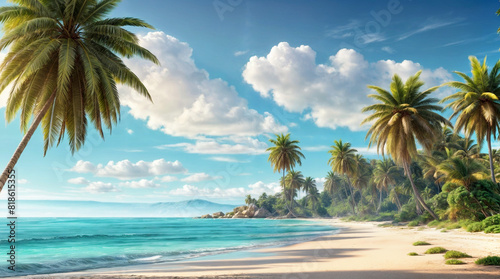 Beautiful palm trees on a sandy beach with a clear blue sky.