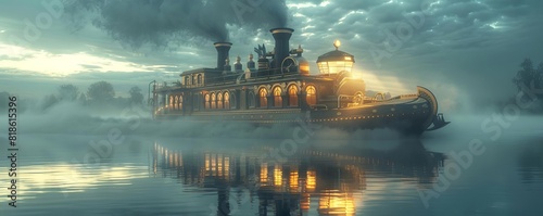 A steampunkinspired boat with brass details and steampowered navigation, cruising on a misty lake, Steampunk, Illustration photo