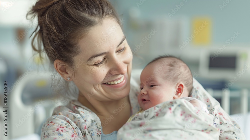 Mother hugging and holding her newborn little baby in her arms in the hospital ward. Fertility Journey: IVF Triumph Celebrated in Women's Hospital. A woman and her child