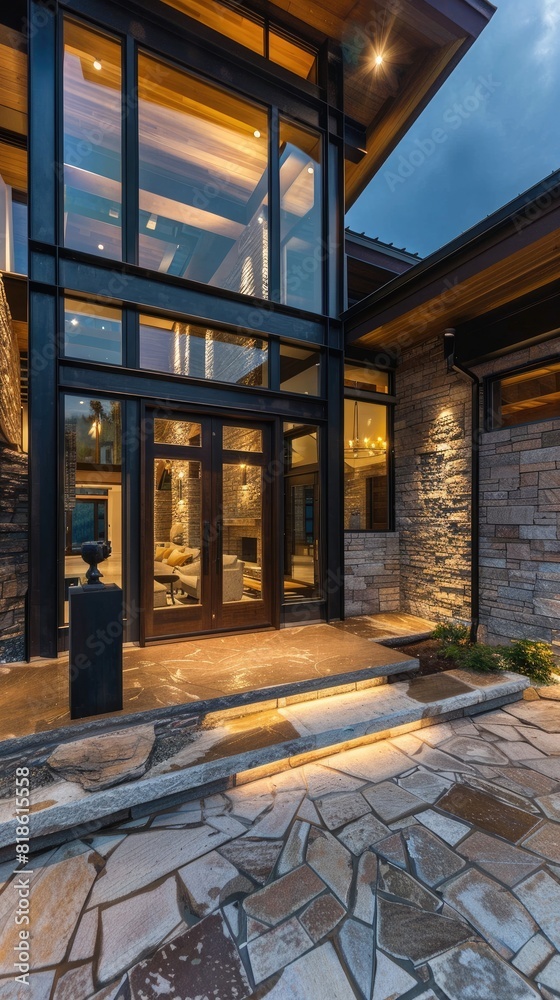 Modern house with rustic entrance door Generative AI