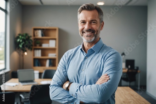 portrait of Happy middle aged business man ceo standing in office arms crossed.