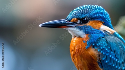 Close-up of a kingfisher, focusing on its bright blue and orange feathers and sharp beak, perched by a riverside photo