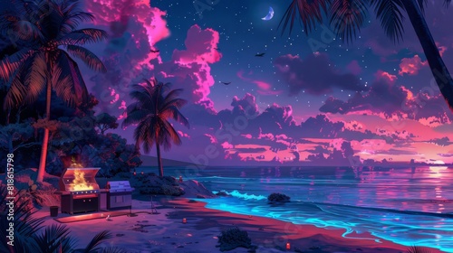 A tropical barbecue with AIgenerated palm trees  holographic waves  and a futuristic sky  Futuristic  Digital Painting