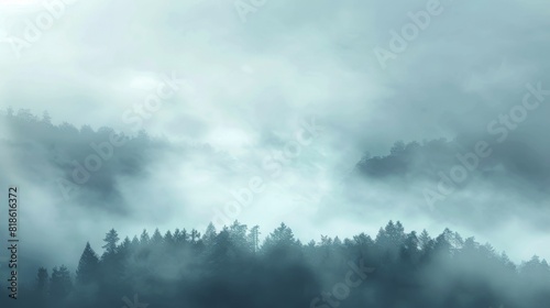 A misty forest with trees and clouds in the sky © Irfanan