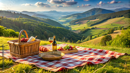 A picturesque outdoor picnic setup with a product showcased on a checked blanket, set against a backdrop of rolling hills  photo