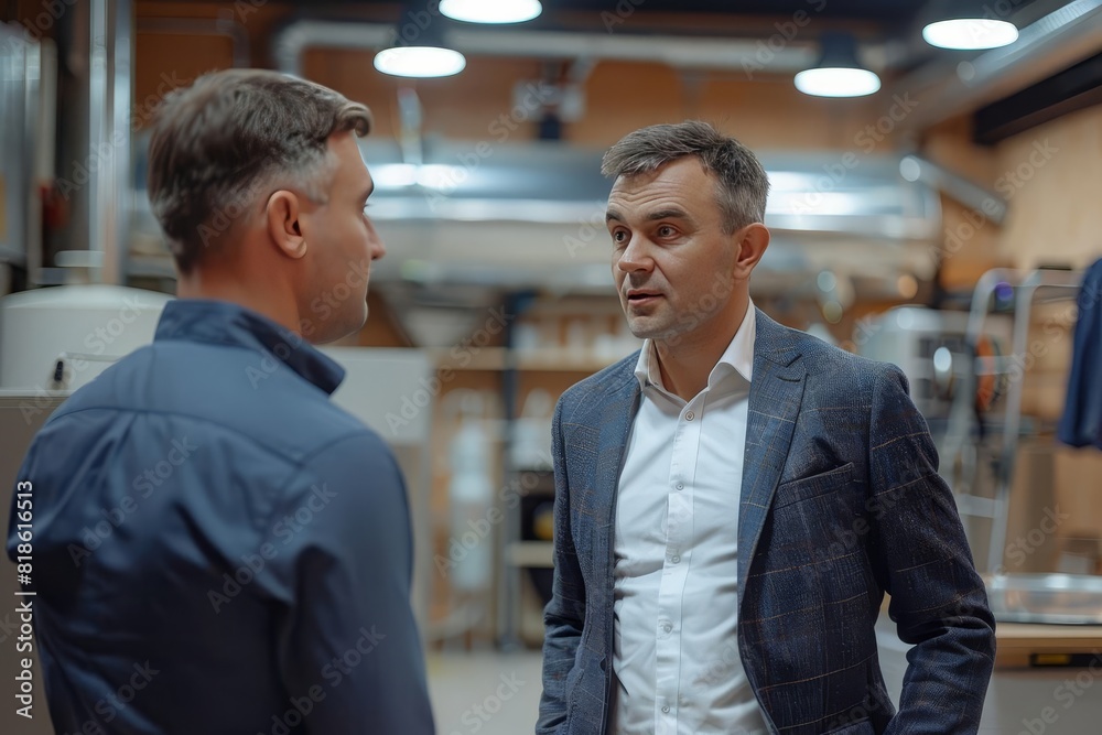 Two men in a factory are discussing plans for a new product launch. They are looking at a prototype of the product and discussing the timeline for the launch. Two men in a factory are discussing plans for a new product launch. They are looking at a prototype of the product and discussing the timeline for the launch.