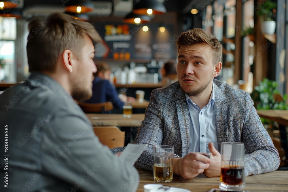 Two businessmen are sitting at a bar discussing a project. They are looking at a document and talking about the next steps.
