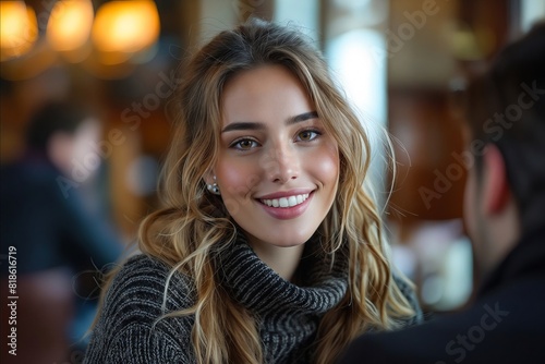 A woman smiling at a man in a restaurant.