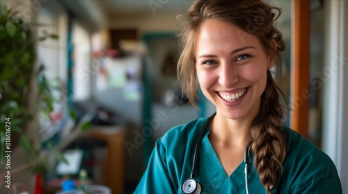 A smiling nurse in scrubs standing in a room.