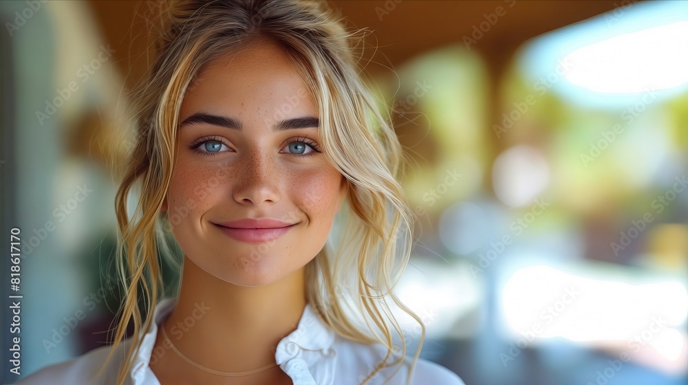 A beautiful blonde woman with blue eyes smiling. A beautiful blonde woman with blue eyes smiling.