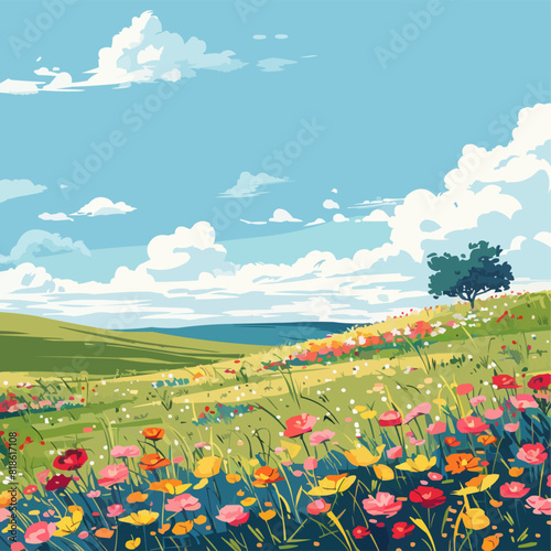 Meadow with blooming wildflowers stretching to the horizon. Digital art style vector flat minimalistic isolated illustration.