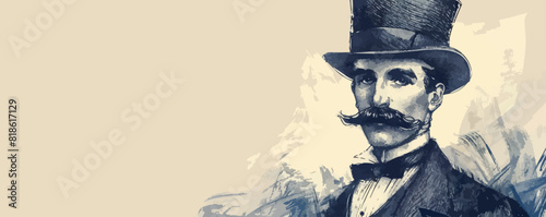 Portrait of an English gentleman with a mustache in a suit and top hat hand drawn sketch. vector simple illustration