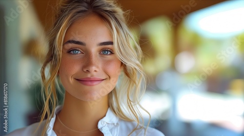 Free Download A beautiful blonde woman with blue eyes smiling. - GFXLoad
