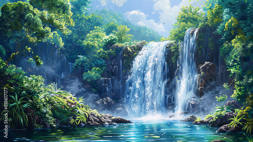 A majestic waterfall cascading into a pool oil painting on canvas, with lush foliage surrounding the scene