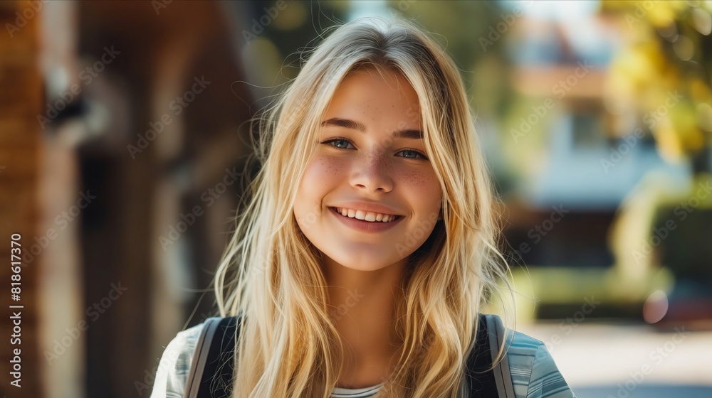 A young blonde woman smiling in the street. A young blonde woman smiling in the street.