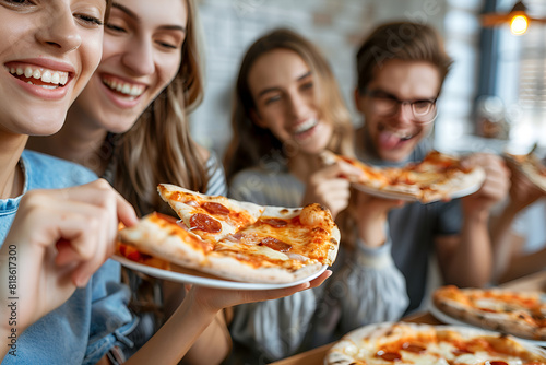 Feeling hungry. Group of young people in casual wear eating pizza and smiling while having a dinner party indoors