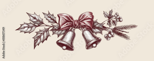 Christmas bells with a bow on a branch hand drawn sketc. vector simple illustration photo