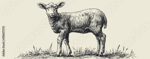 lamb Engraving style. Simple pencil drawing vector