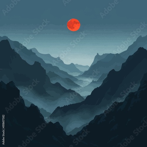 Mountains shrouded in mystical mists, glowing in the moonlight. Digital art style vector flat minimalistic isolated illustration
