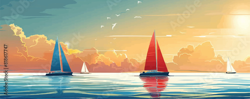 Yachts on sea. vector simple illustration