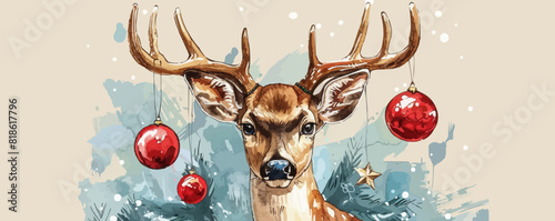 Deer portrait with christmas balls on antlers hand drawn illustration