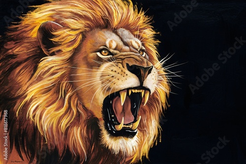 Painting illustration of a lion roaring head portrait with black backdrop and copy space for text.
