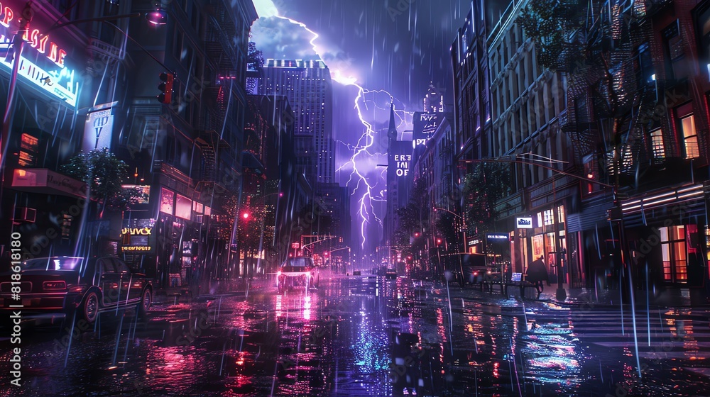 Eye-level shot of an urban street engulfed by a spectacular lightning storm