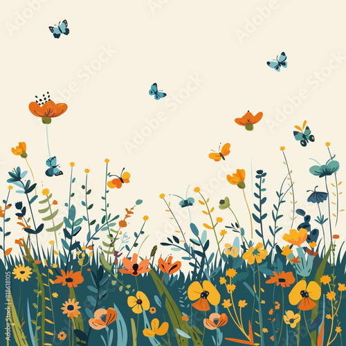 and butterflies flying above it. Vector flat minimalistic isolated illustration