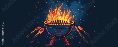 Grill food, barbecue logo or emblem. Brazier with fire and tools for grilling, symbol. Design for restaurant menu. vector simple illustration
