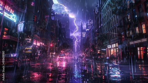 Eye-level shot of an urban street engulfed by a spectacular lightning storm photo