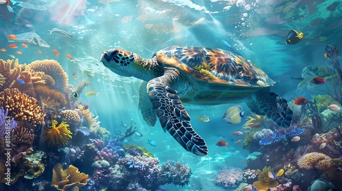 Majestic sea turtle gliding over vibrant coral reef © Tanawut
