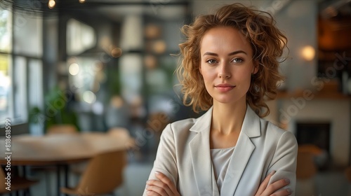 A woman with her arms crossed standing in a restaurant.