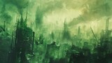 Side view of a dystopian cityscape, dark and chaotic with sprawling megastructures, vivid green haze from acid rain, watercolor style, surreal and haunting atmosphere