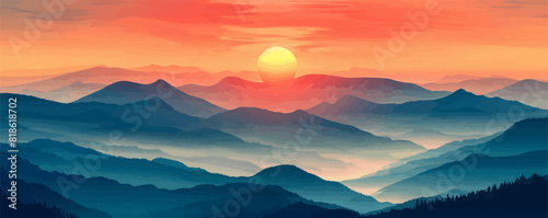 Rising sun over the mountains. Vector