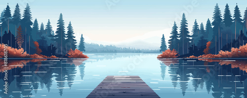A serene lakeside retreat surrounded by towering pine trees, with a wooden dock extending into the calm waters. Vector flat minimalistic isolated illustration.