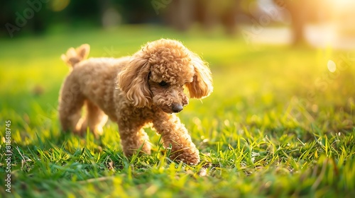 A cute little poodle was playing on the lawn on a sunny day the dog found something in the grass
