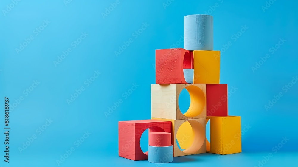 a cylindrical building block in a stack of rectangular building blocks on a blue background a cylindrical building block in a stack of rectangular building blocks on a blue background