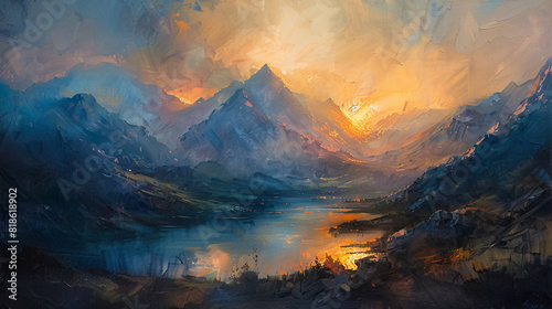 A mountain lake oil painting on canvas, with clear, reflective water and majestic peaks in the background