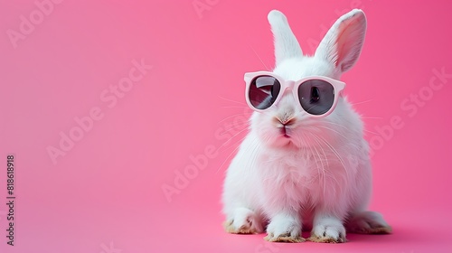a cute white bunny wearing sunglasses on a pink background © Emma