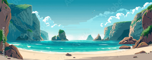 A peaceful coastal cove with golden sands, turquoise waters, and towering sea stacks. Vector flat minimalistic isolated illustration.