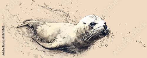 Fur seal lion hand drawn sketch Underwater world . vector simple illustration