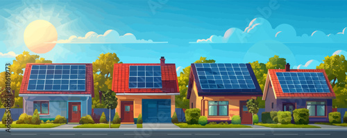 Houses with rooftop solar panels. vector simple