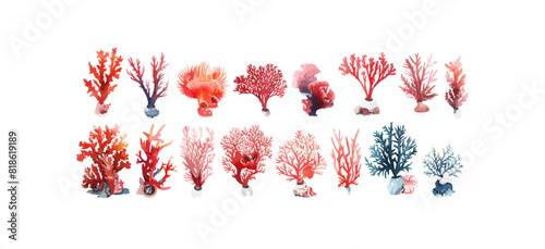 Watercolor Red Coral collection on white background
