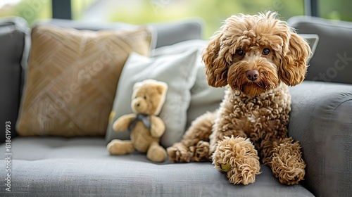 A fluffy cockapoo sitting on a sofa in a house with a teddy bear and cushion