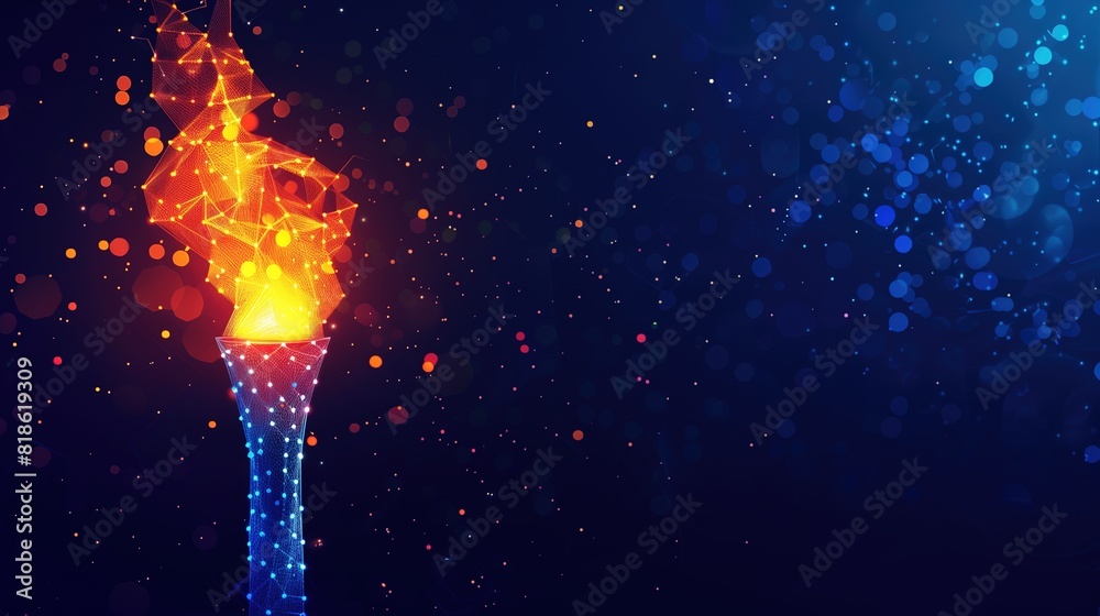 Technology background image, an Olympic torch on dark blue background, glowing dots and geometric shapes, copy space