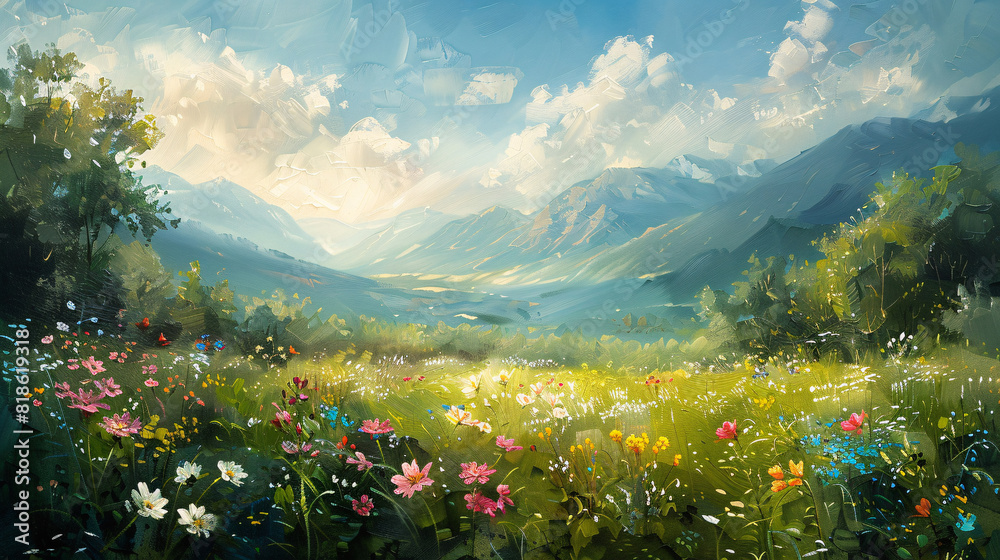 A peaceful meadow in springtime oil painting on canvas, filled with blooming flowers and lush green grass