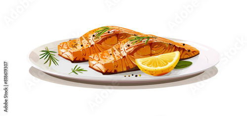 Grilled salmon steak on plate vector flat isolated illustration