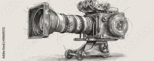 Old fashioned movie film camera sketch. Video production concept vintage.